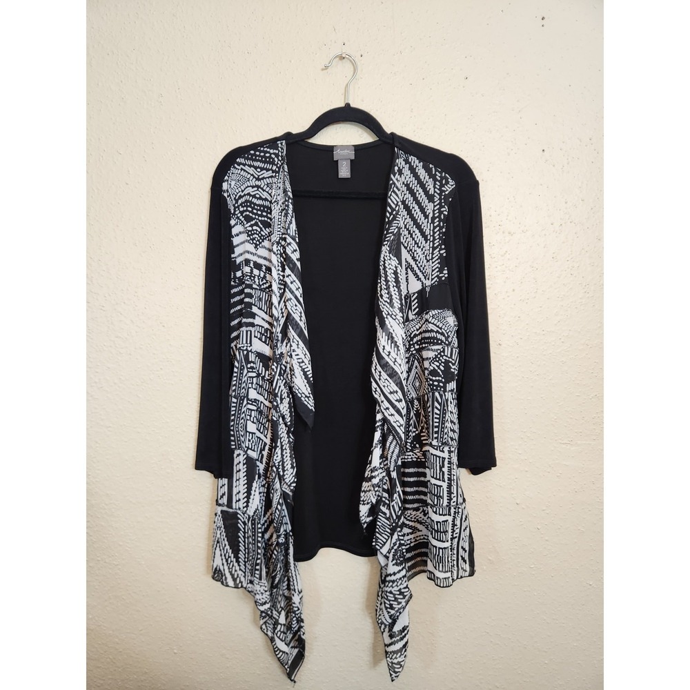 Chico's Travelers Cardigan Black White Women Size Large Geometric Open Front
